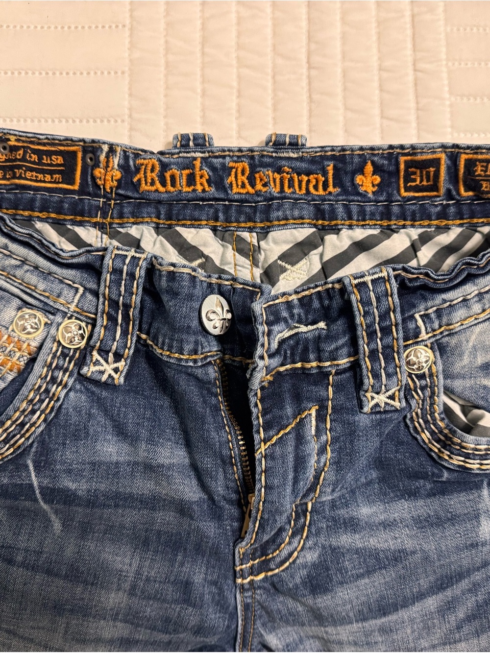 Rock Revival Blue Denim Jeans with Gold Stitching